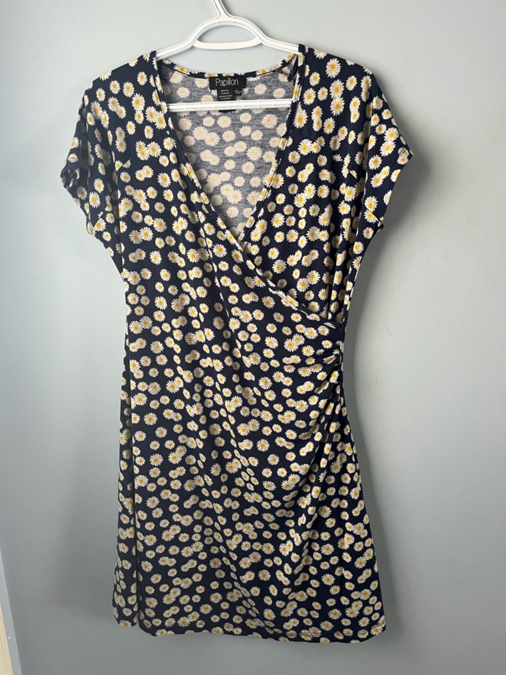 Papillon Navy & Daisy Faux Wrap Stretch Mini Dress Yellow & White Floral Size L